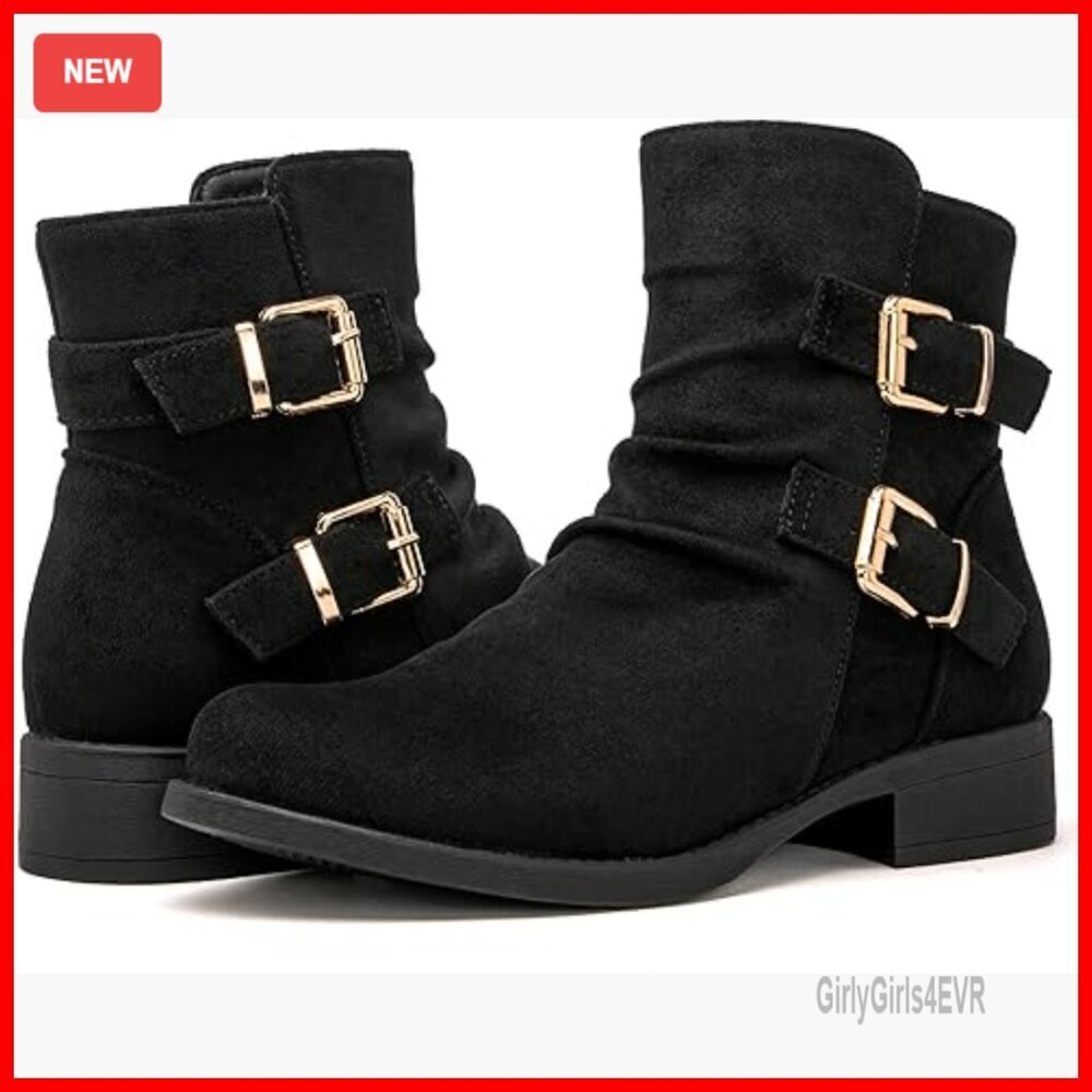 Low Heel Ankle Boots Vegan Material Slouchy Buckle Design
